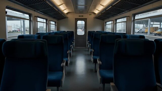Empty train interior rows of seats and overhead lighting