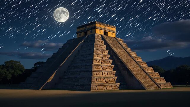 Ancient Aztec Pyramid Temple in Moonlight: Timelapse of a Celestial Night at Teotihuacan, Mexico