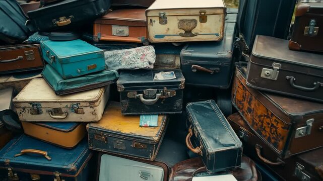 Pile of vintage suitcases textured collection of travel luggage