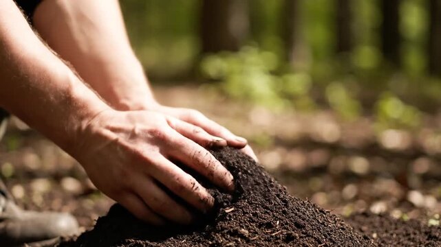 Close up of hands sifting fertile soil outdoors