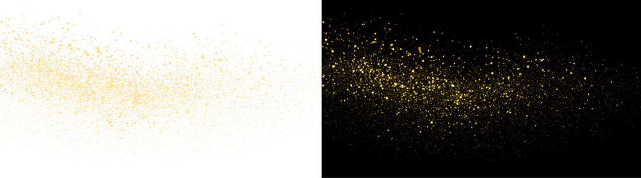 Golden glowing dust trail with sparkling particles and bokeh. Magical light wave illustration, luxury abstract stardust background element.