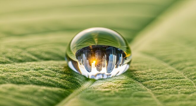 Close up of a clear water droplet on a textured green leaf nature background
