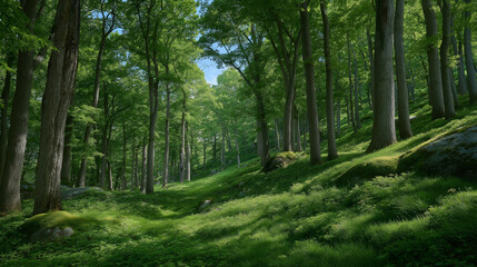 Obraz premium Lush green forest ecosystem thriving with vibrant wildlife, towering trees, and colorful flora. Sunlight streams through leaves, illuminating a diverse habitat bustling with birds and insects in a