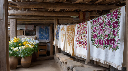 Obraz premium In a rustic home, beautiful handmade quilts are drying on a rack, representing heritage and tradition alongside contemporary drying techniques in household management. cinematic color correction,