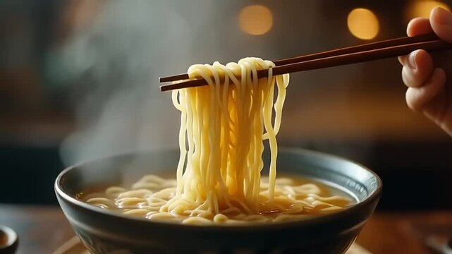Steaming Hot Bowl of Ramen Noodles Being Eaten with Chopsticks.