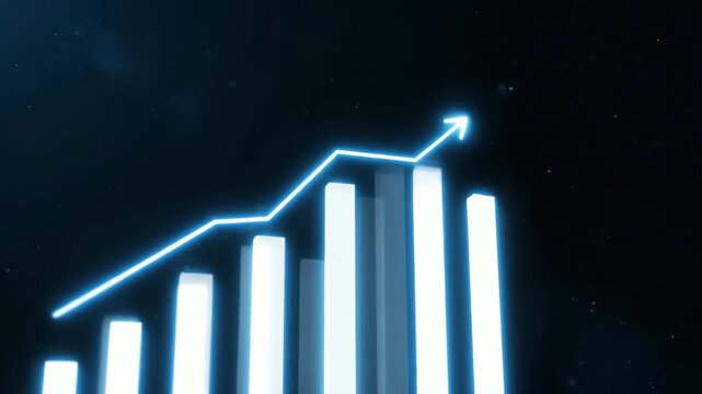 Abstract glowing bar chart rising with arrow on dark background