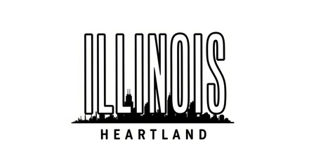 Obraz premium 1950s industrial poster, tall narrow lettering “ILLINOIS”, bold uniform strokes, secondary word “HEARTLAND”, subtle skyline silhouette, monochrome ink, no people