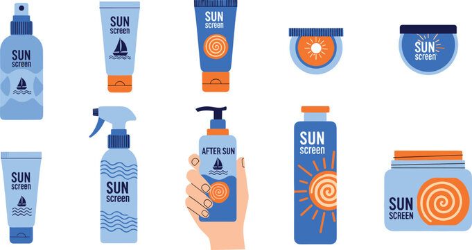Sunscreen Bottle and Spray Icon Set Showing Sun Protection Cosmetics for Summer Skincare, Beach Safety, Travel Essentials, and UV Care Vector Design