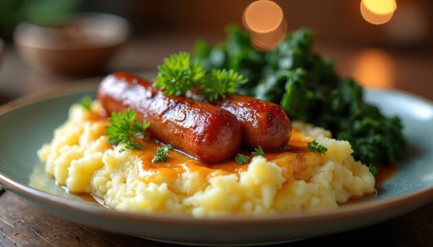 Dutch stamppot with mashed potatoes kale and two smoked sausages on a plate. Creamy mash with green kale and meat. Hearty meal for lunch or dinner.