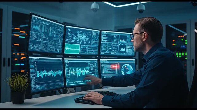 Cybersecurity expert analyzing critical data in dark server room