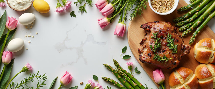 Festive feast with roasted chicken and asparagus on Easter table