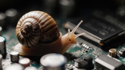 A snail crawls on a circuit board, juxtaposing nature and technology