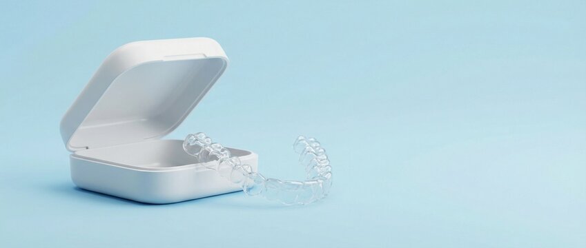 Dental retainer case with clear aligner tray studio photo copy space