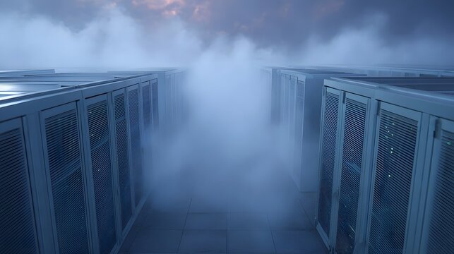 Rows of server racks are obscured by thick fog in a dimly lit data center