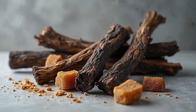 Dark wood sticks and amber resin chunks arranged on grey surface. Aromatic oud chips for perfume making and incense. Natural brown elements with rough texture.