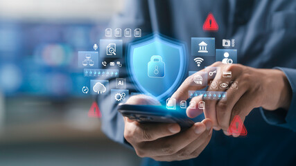 Cybersecurity and data protection concept. businessman using a mobile phone with a lock icon for internet network security and AI technology. Cybersecurity and privacy management on cloud computing.