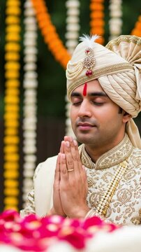 South Asian groom in traditional wedding attire performing prayer ritual with closed eyes
