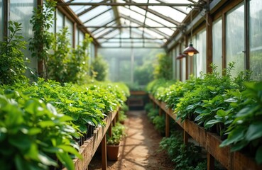 Rows of green plants grow inside a sunlit glass greenhouse. Seedlings in pots fill wooden shelves. Verdant foliage thrives in controlled environment, ready for transplanting.