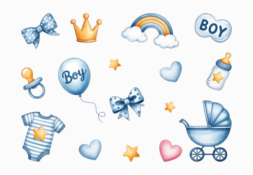 Baby boy birthday party elements watercolor art. Sweet baby shower invitation decor in soft watercolor.