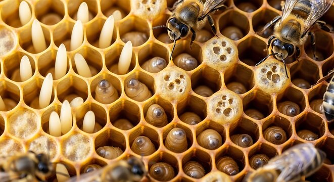 Honeycomb cells show developing bee larvae and adult insects.