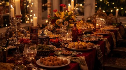 Fototapeta premium Luxurious Iftar Dinner Feast with Gourmet Dishes and Lit Candles on a Grand Dining Table, Festive Celebration