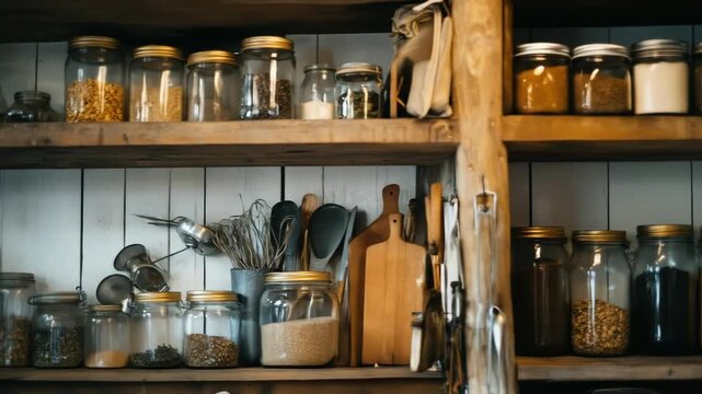 Rustic wooden shelves filled with glass jars and kitchen utensils