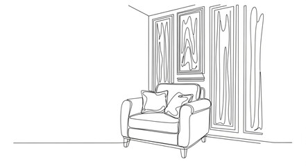Sketch of a comfortable armchair with pillows in a room.