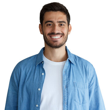 Young man in blue denim shirt giving a broad natural smile, casual portrait cutout photo
