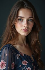 Fototapeta premium Young woman with long brown hair, blue eyes, floral dress. Close up portrait, studio shot, dark background. Calm expression, subtle smile, natural light.