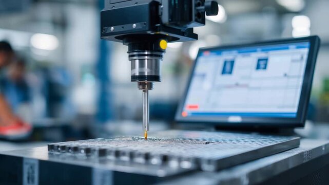 A materials engineer testing friction on a textured metal surface using a precision tribometer, digital graphs rising as the sensor measures micro-resistance &mdash; industrial R&D, surface science, and