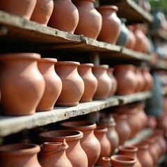 Rows of terracotta pots arranged on wooden shelves outdoors. Various sizes of earthenware containers are displayed for sale. Many clay jugs and vases stand in a market.