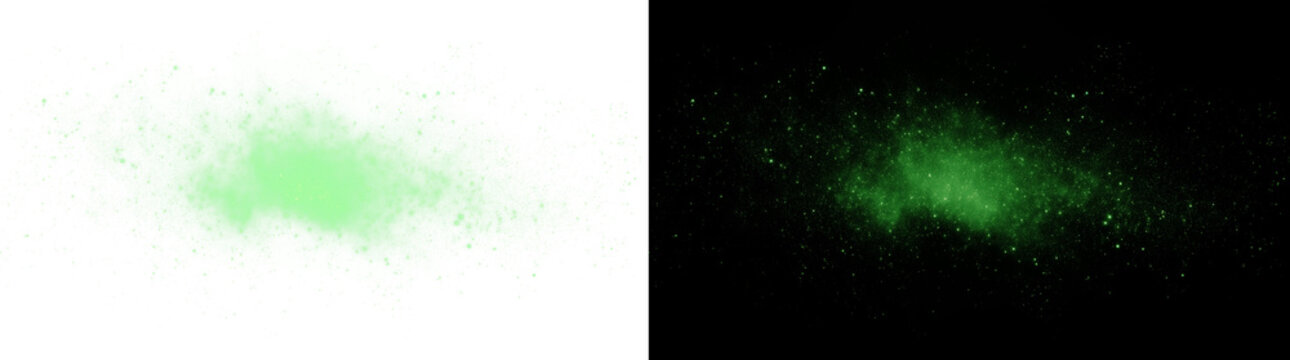 Abstract glowing green dust particles cloud, neon magic powder splash, bright light aura effect texture isolated