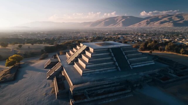 A dramatic aerial view of an Aztec ceremonial center aligned with cardinal directions, stone platforms arranged in precise geometric patterns reflecting cosmology and imperial power &mdash; historical