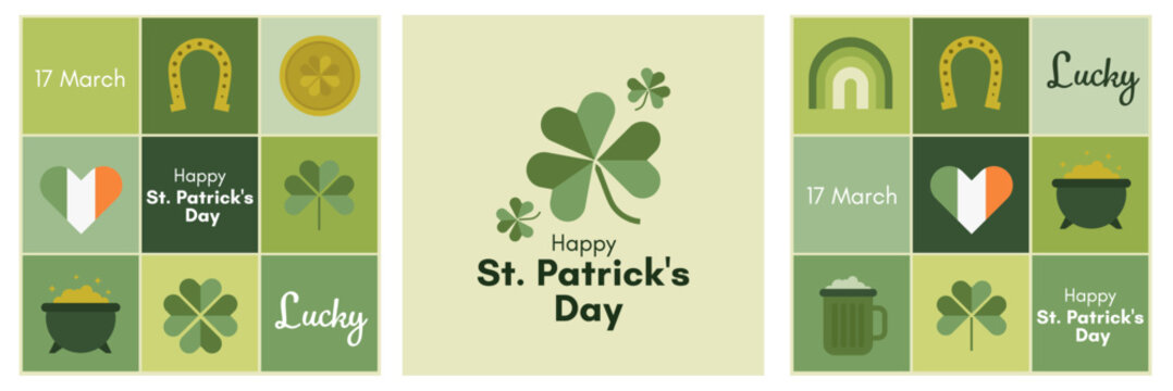 St. Patrick's Day card set. Social Media Templates Set, Minimal Square Posts