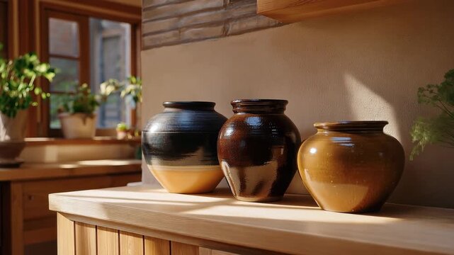 A fermentation enthusiast documenting the transformation of homemade miso in earthenware crocks, sunlight warming the jars on a quiet kitchen shelf &mdash; Japanese fermentation tradition, long-aging