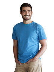 Fototapeta premium Young man in blue t-shirt standing relaxed with hands in pockets and smiling casually