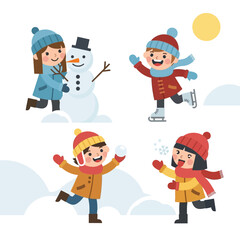 Naklejka premium Children enjoying winter activities, building snowman, ice skating, snowball fight