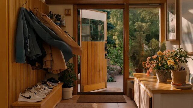 A lived-in domestic entryway featuring coats hung neatly, keys in a small ceramic tray, and shoes lined up by the door &mdash; capturing the everyday rhythm of arrivals, departures, and familiar