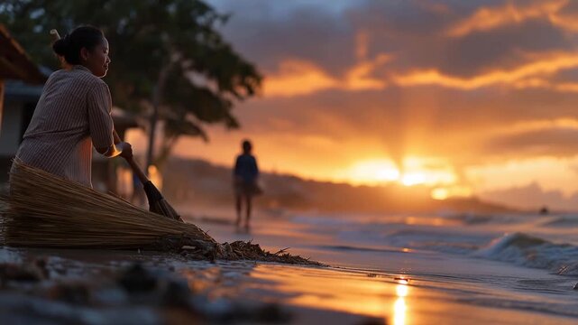 A local resident sweeping debris from a flooded doorstep at sunrise, neighbors working together in the background &mdash; community resilience and rebuilding after crisis impact. cinematic color