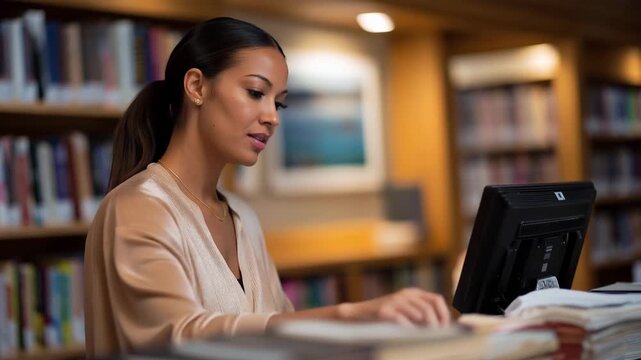 A library circulation clerk checking books in and out for patrons, RFID scanner beeping rhythmically amid the peaceful stacks &mdash; knowledge stewardship and everyday public service. cinematic color