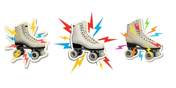 Vintage halftone roller skate sticker three angled views with colorful lightning bursts white transparent background close low angle side view energetic motion