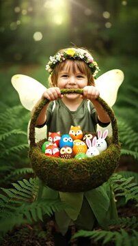 Little Girl in Fairy Costume Holding Mossy Basket with Animal Painted Easter Eggs in Enchanted Forest
