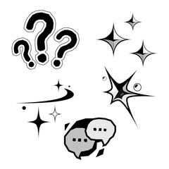 Obraz premium Hand-drawn doodle symbols set featuring question marks, sparkling stars, and speech bubbles. Versatile black and white icons for communication, thinking, and decorative comic elements