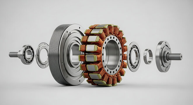 Exploded view concept of industrial electric motor windings showing copper coils and core for high performance motor manufacturing electrical engineering and renewable energy power systems parts.