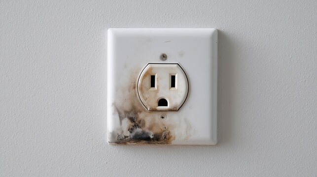 Burnt electrical outlet on white wall showing fire hazard damage.