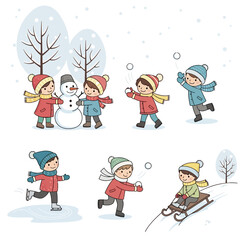 Children playing in snow, building snowman, snowball fight, ice skating, sledding