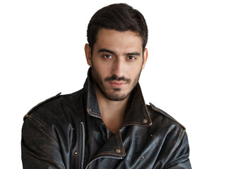 Fototapeta premium Young man in black leather jacket with a serious confident expression, close-up portrait