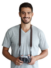 Happy young man in grey t-shirt holding a vintage film camera with leather strap around neck
