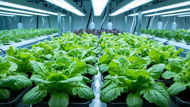 Hydroponic Farm Interior Seedlings Growing Under LED Lights