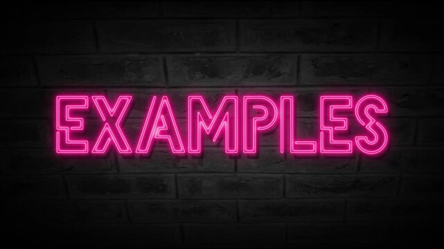 Neon Examples text animation with glowing light effect and smooth looping motion. Realistic flicker neon typography on a dark background, creating a vibrant and modern visual style. High-quality 4K 